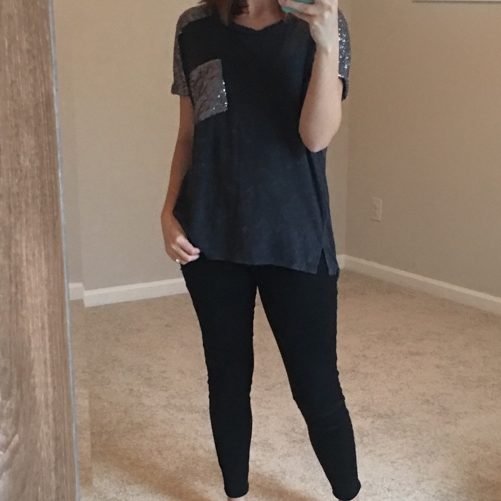 Blue Sequin Short Sleeve Top